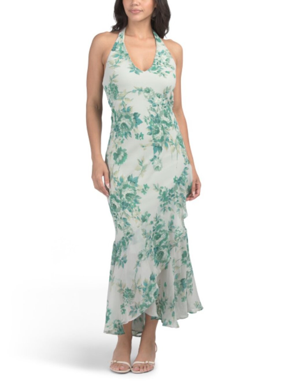 THIRTY THIRTY Floral Printed High V-neck Chiffon Maxi Dress